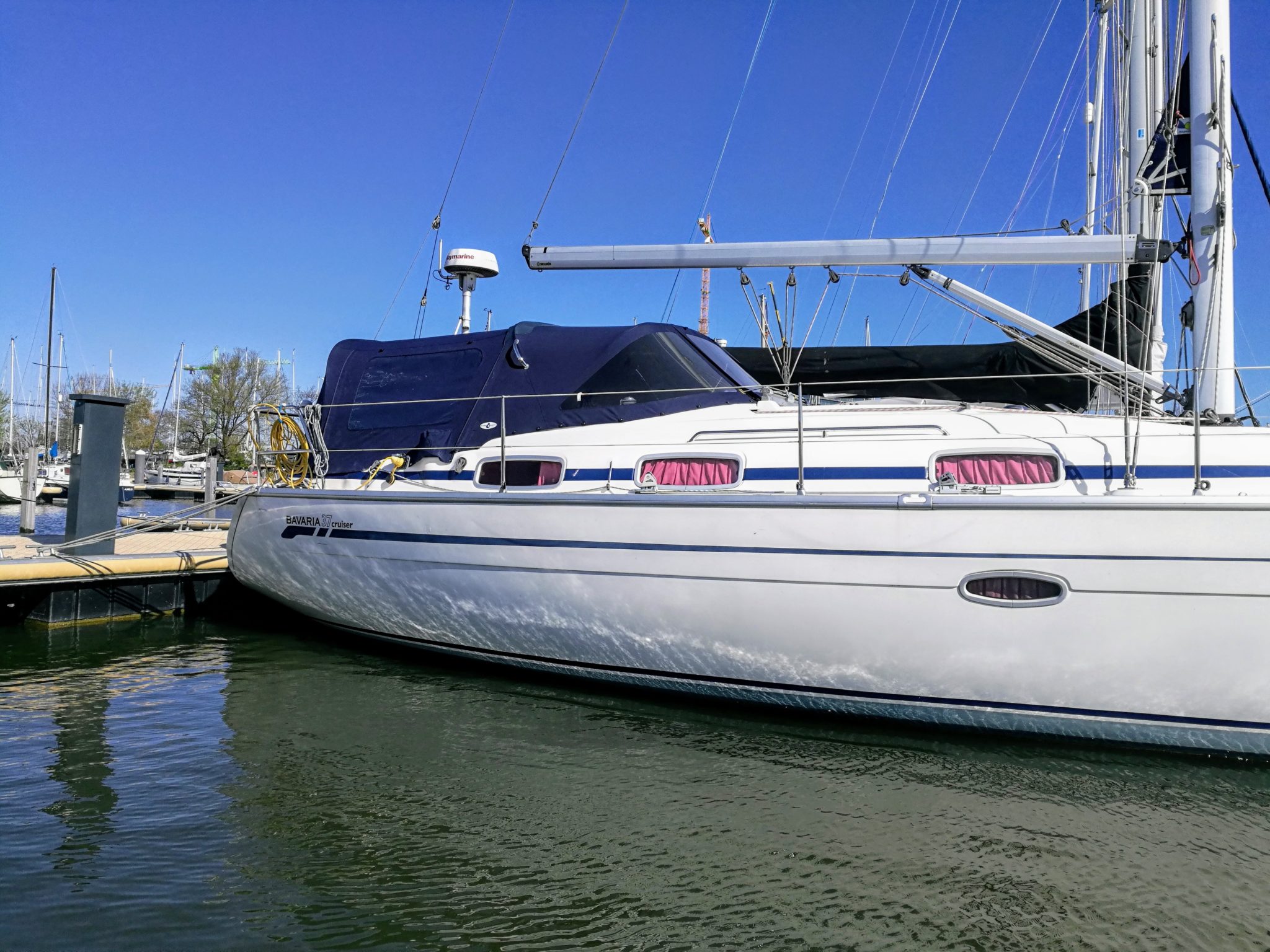 Rear tent Bavaria on white boat