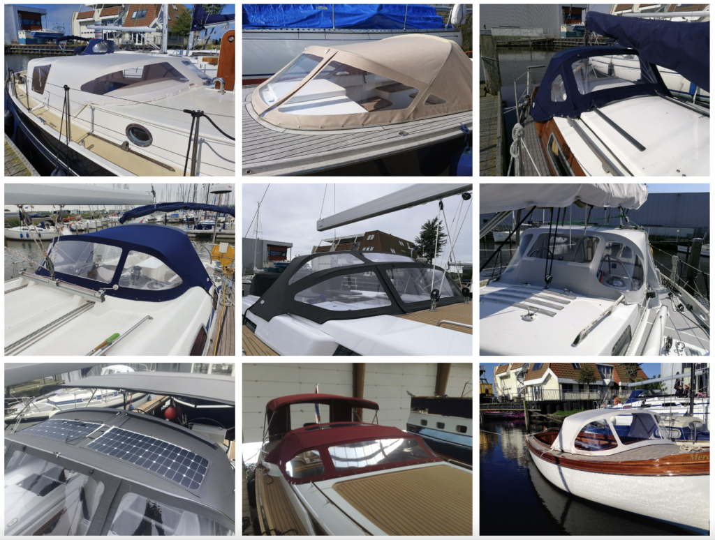Options of a sprayhood. Examples of windows and zippers on different boats. Made by De Vries Maritiem, based in Lemmer. 
