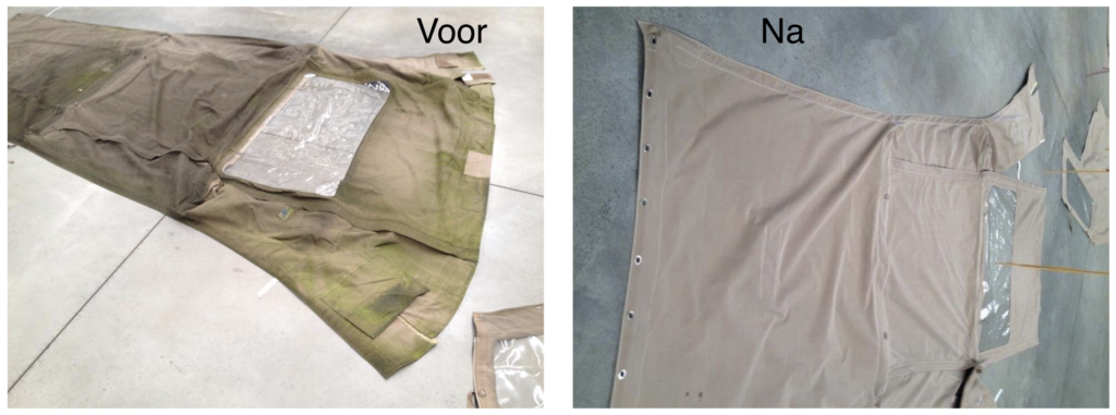 Example of a dirty and cleaned sprayhood after maintenance at De Vries Maritiem, sailmaker in Lemmer 
